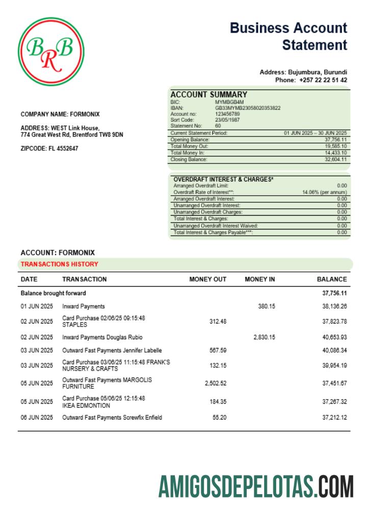 Exemplo de declaração da empresa do Banco da República do Burundi em formato Word e PDF
